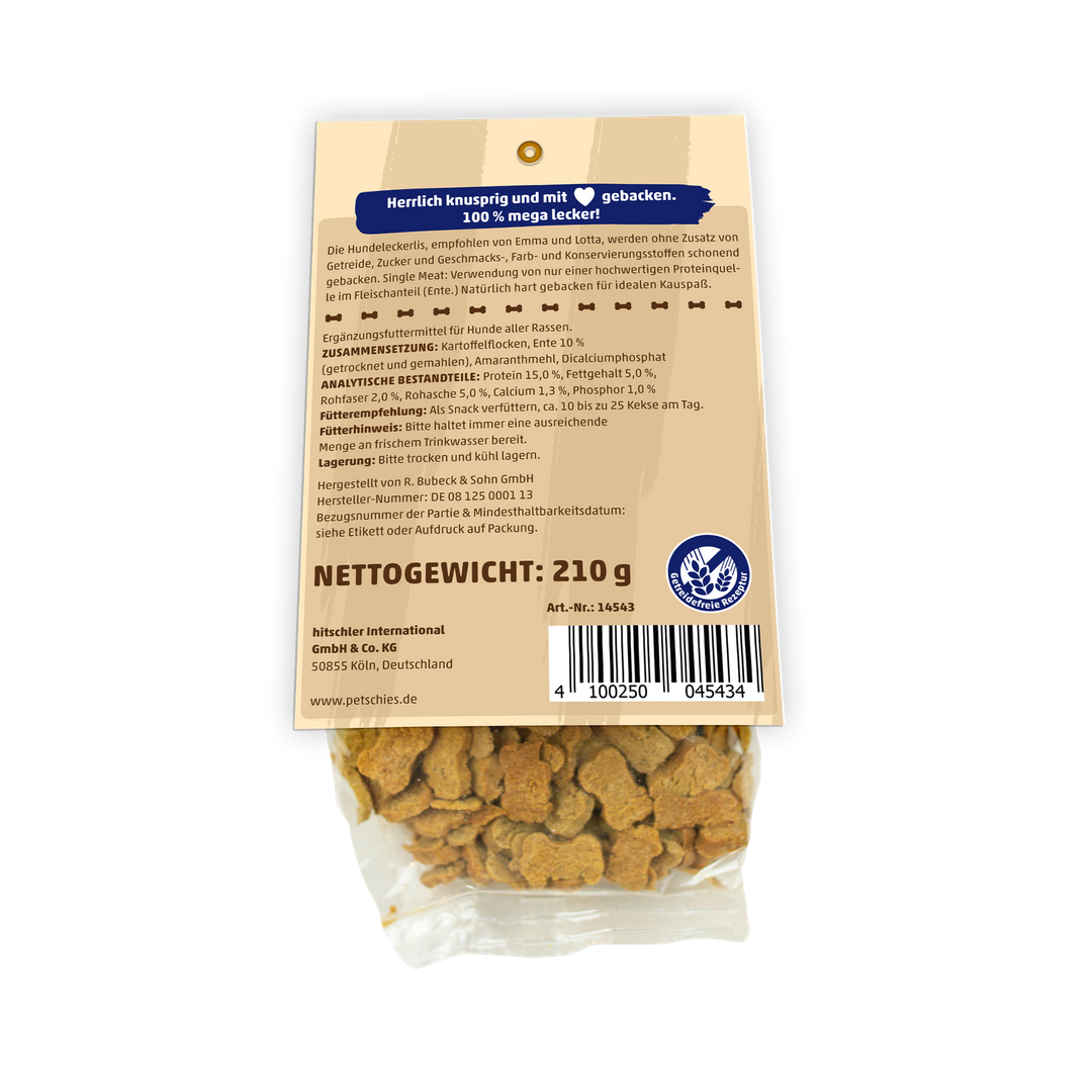 Rückseite der petschies Hundeleckerlis 210 g Verpackung